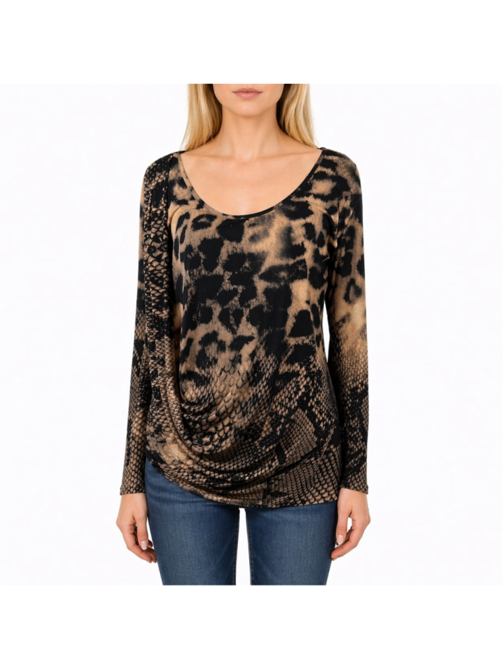 Eva Varro Animal Print Tunic Drape Sleeve Stretch Travel Knit Chic Size L